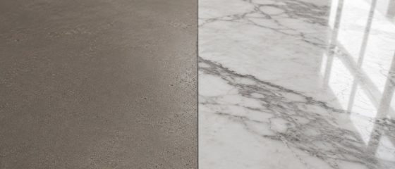 Deux sols côte à côte : béton ciré mat à gauche, marbre blanc veiné poli à droite