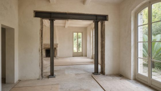 Large ouverture structurelle renforcée par une poutre et deux poteaux en acier dans une demeure aux murs enduits à la chaux