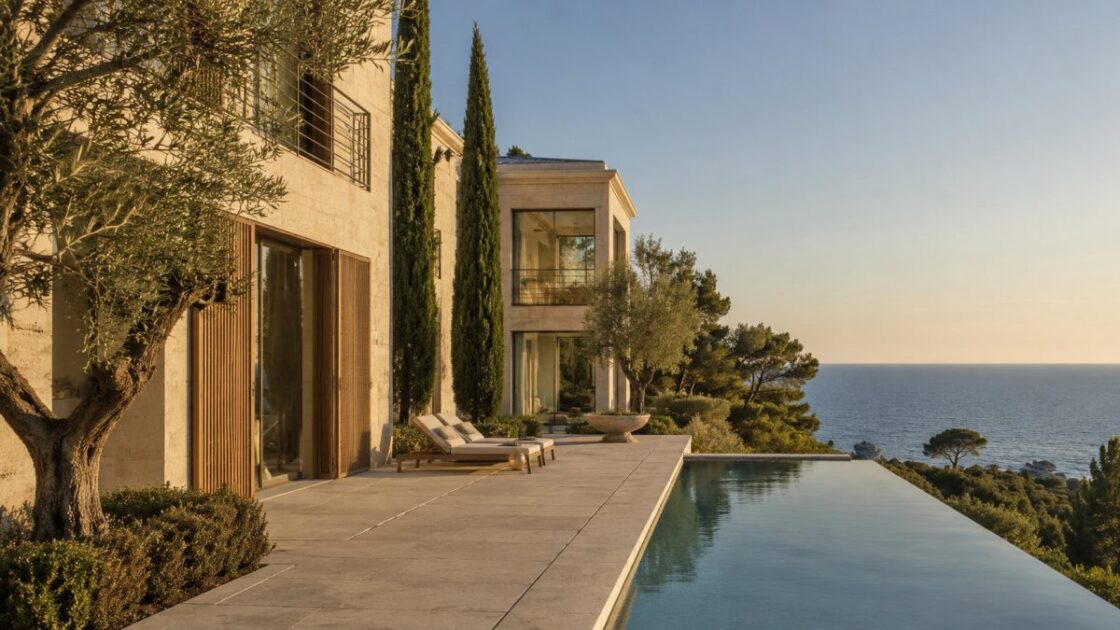 Light-stone villa overlooking the sea, with a long infinity pool bordered by cypresses and an umbrella pine
