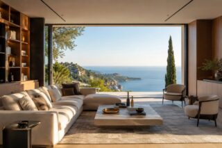 contemporary living room with light wood panelling and a large window opening onto the sea