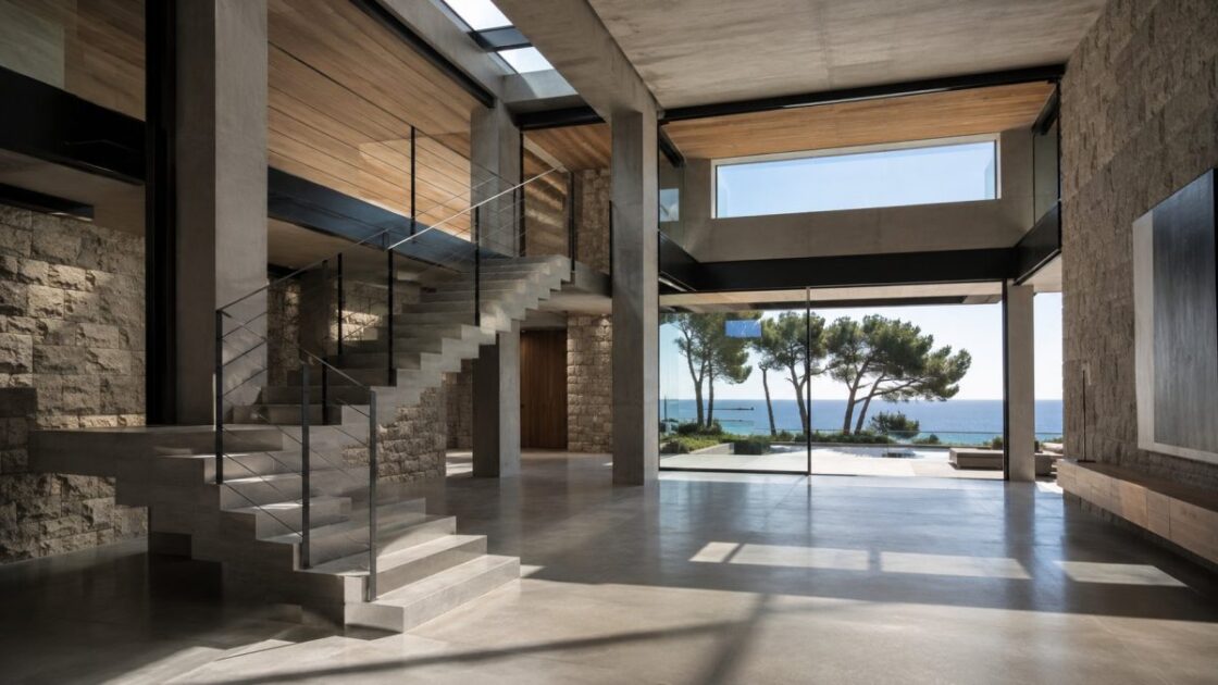 Double-height space with dressed-stone walls, a concrete staircase, timber ceiling and opening onto the sea