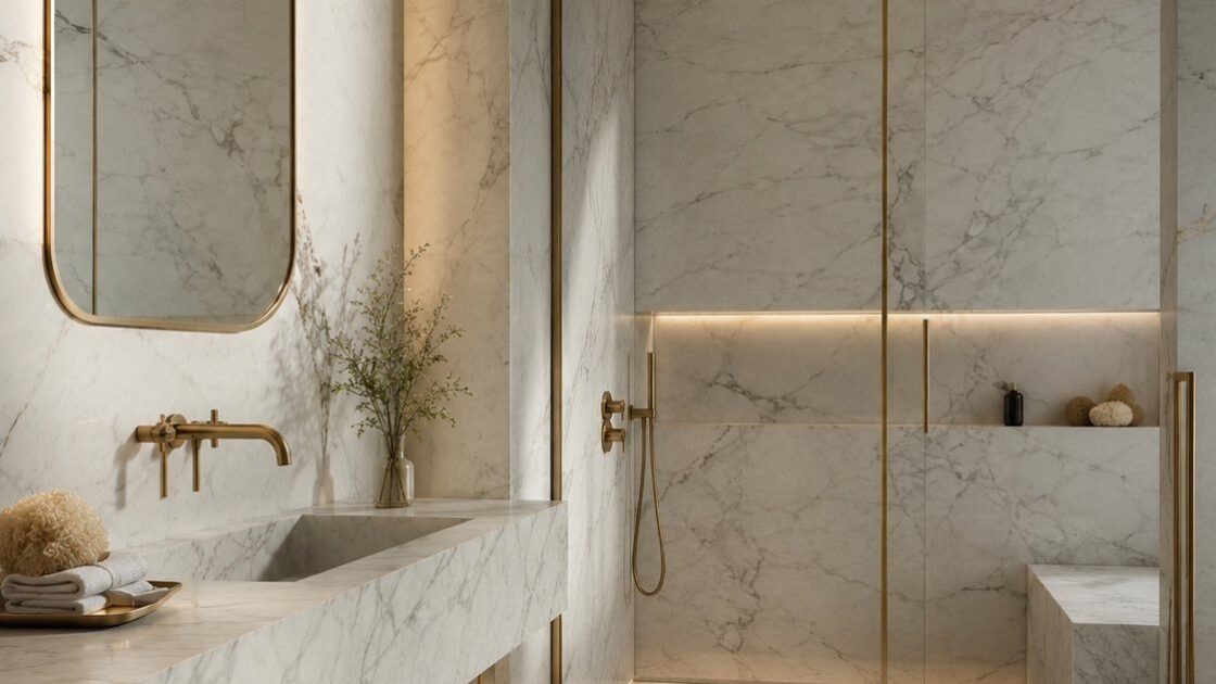 Bathroom fully clad in veined white marble, with brass taps and a brass-framed mirror