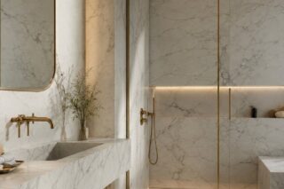 Bathroom fully clad in veined white marble, with brass taps and a brass-framed mirror
