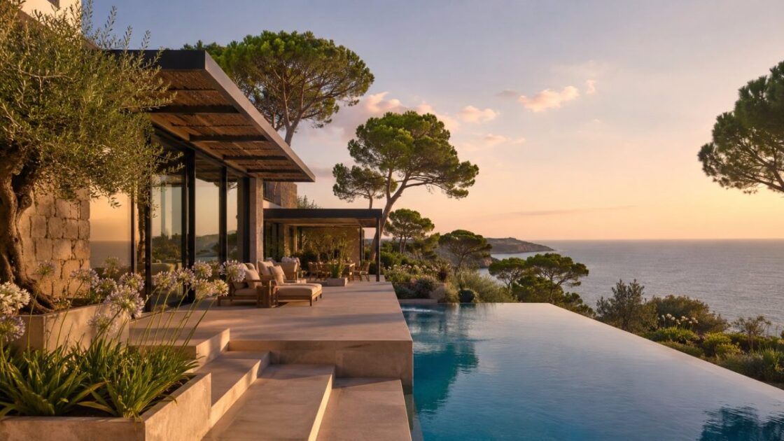 Terrace of a contemporary villa at dusk, with an infinity pool and umbrella pines above the sea