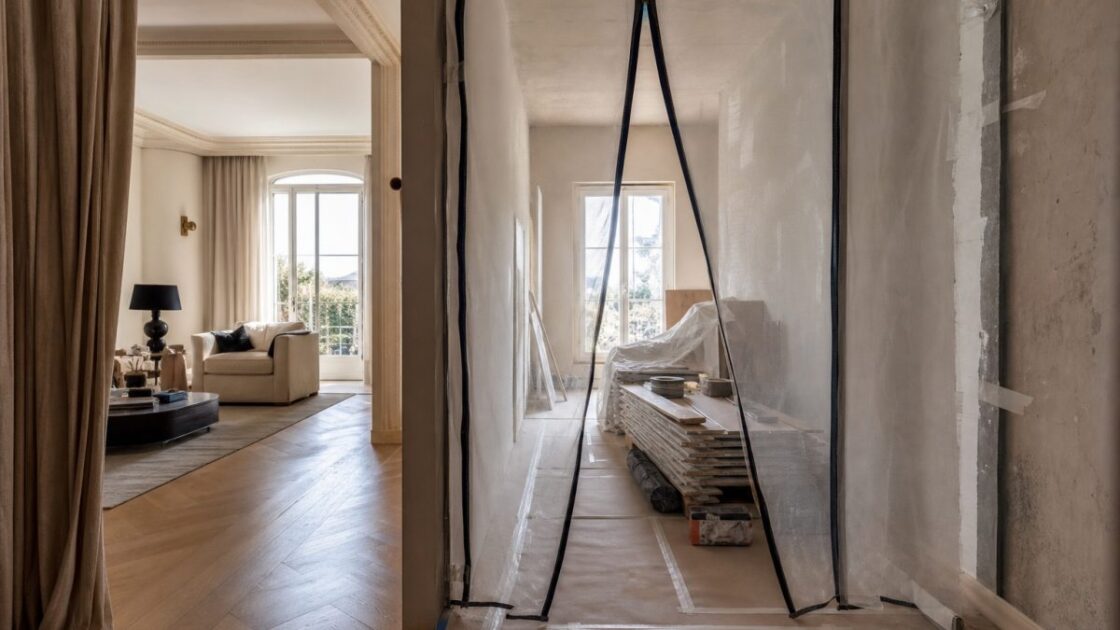 Pièce habitée séparée d’une zone de rénovation par une cloison antipoussière transparente et un sol protégé