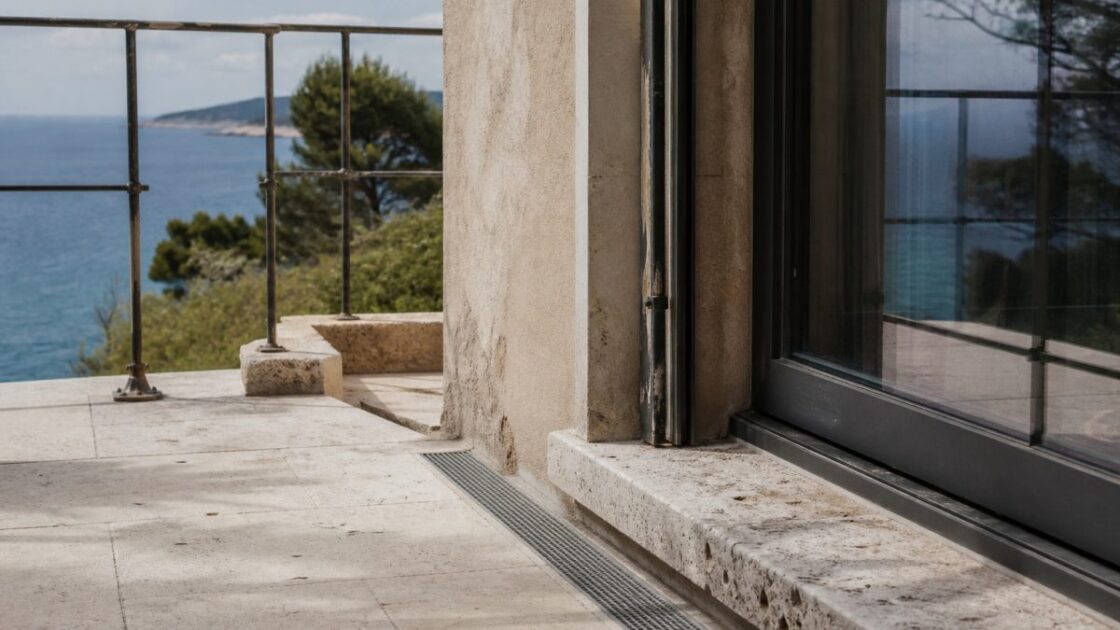 Seuil en pierre, caniveau et menuiserie métallique d’une terrasse dominant la mer