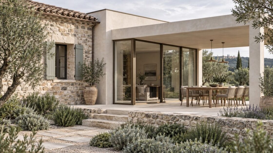 Extension contemporaine enduite à la chaux reliée à une villa en pierre, avec baie vitrée et terrasse ombragée