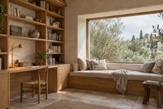 Bibliothèque et bureau en bois clair avec banquette sous une grande fenêtre donnant sur des oliviers