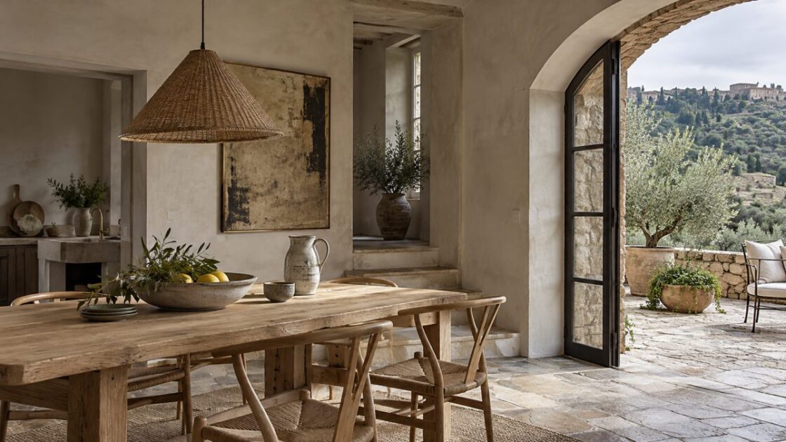 Salle à manger aux murs clairs, table en bois et sol en pierre, ouverte sur une terrasse par une baie cintrée