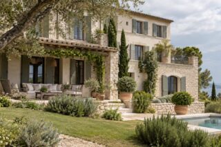 Façade d’une demeure claire et en pierre, volets grisés, terrasse ombragée et piscine bordée de végétation